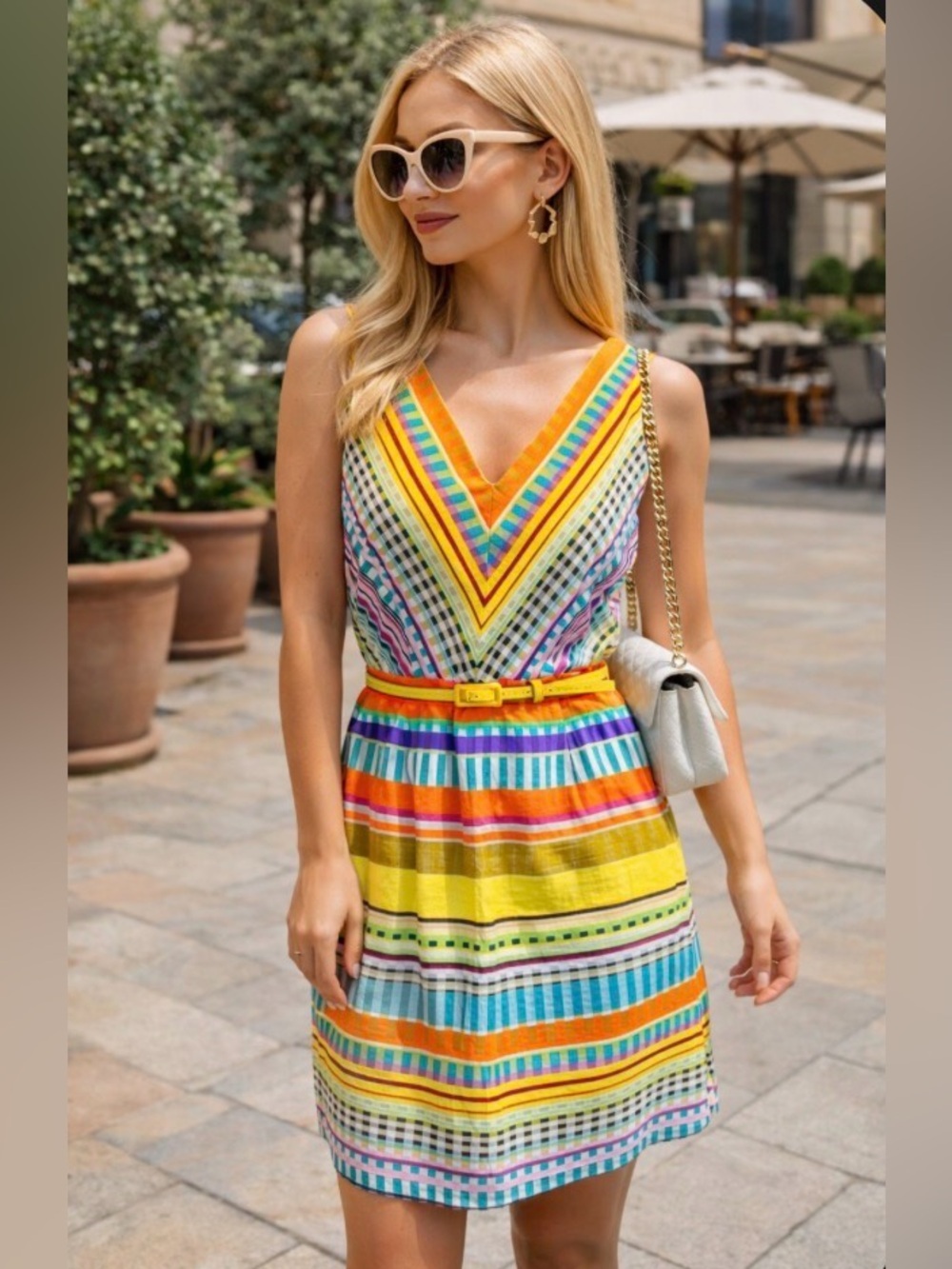 London Times Multicolored Striped Sleeveless Sheath V Neck Dress Womens size 6